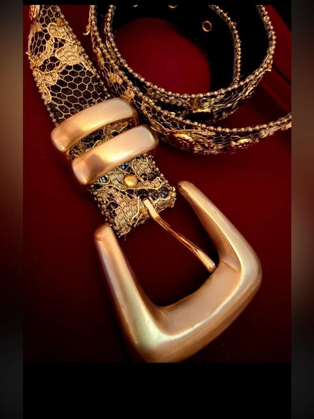 Leather Designer Gold Lace-Textured and Detailed Gold Studded